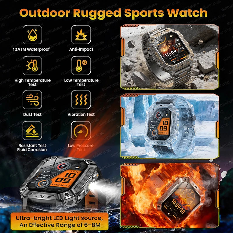 2026 HOT New 1400mAh Smartwatch Durable Large Battery 10ATM Waterproof Tactics GPS Flashlight 170+Sport SOS Call Smart Watch Men