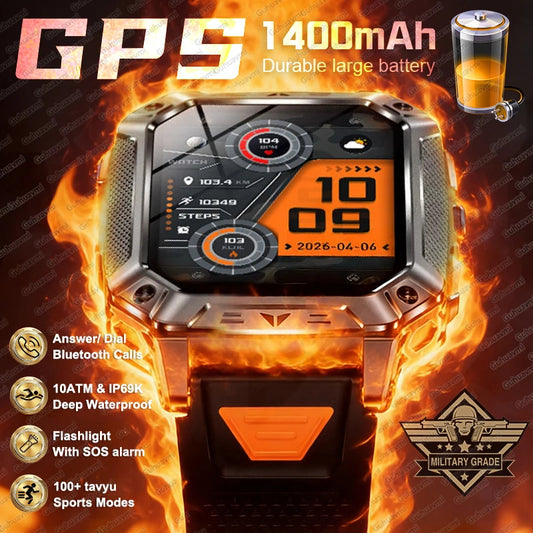 2026 HOT New 1400mAh Smartwatch Durable Large Battery 10ATM Waterproof Tactics GPS Flashlight 170+Sport SOS Call Smart Watch Men