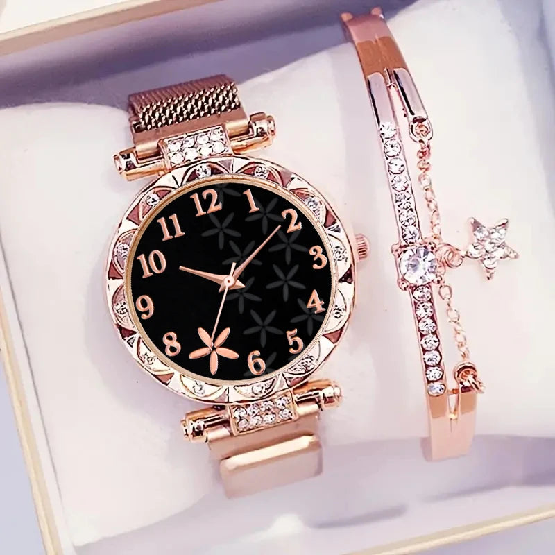 2PCS Fashion Women's Watches Set Magnet Buckle Mesh Strap Analog Quartz Watch Star Bracelet Set Reloj Mujer