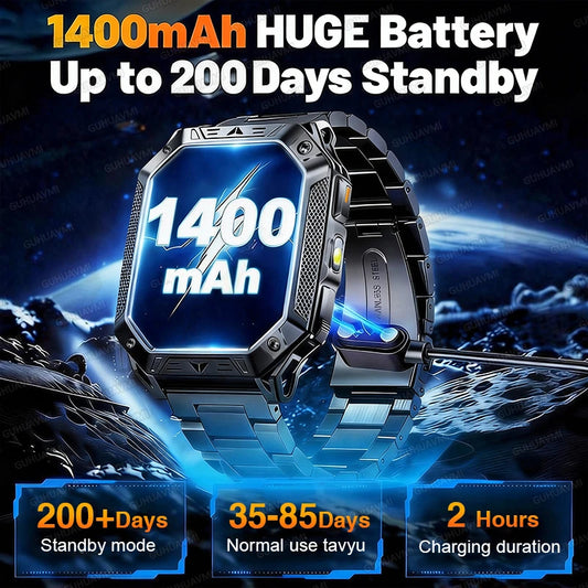 2026 HOT New 1400mAh Smartwatch Durable Large Battery 10ATM Waterproof Tactics GPS Flashlight 170+Sport SOS Call Smart Watch Men