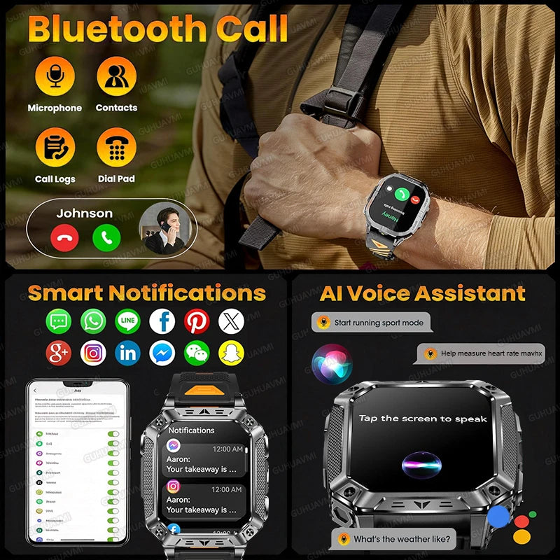 2026 HOT New 1400mAh Smartwatch Durable Large Battery 10ATM Waterproof Tactics GPS Flashlight 170+Sport SOS Call Smart Watch Men