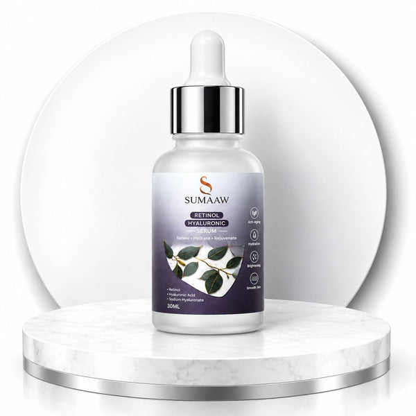 A glass dropper bottle of SUMAAW Retinol Hyalucreme Serum with a silver cap.