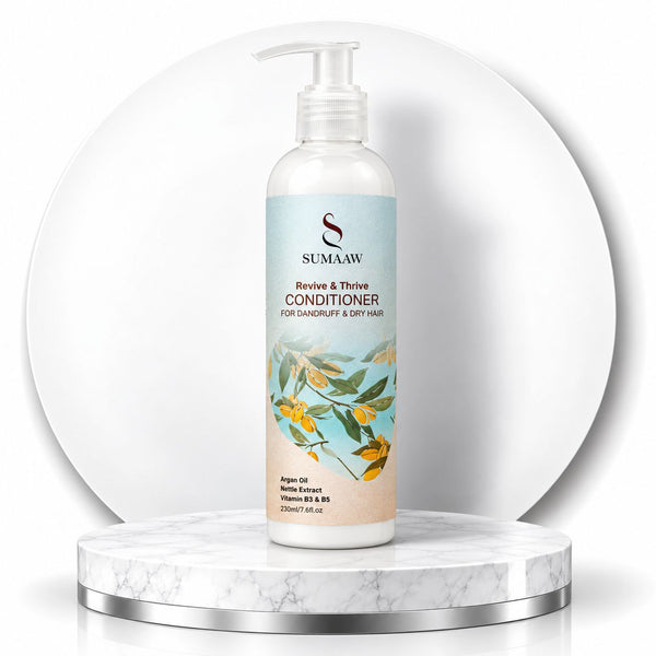 A bottle of Sumaaw Revive & Thrive Conditioner for sand drippy and dry hair