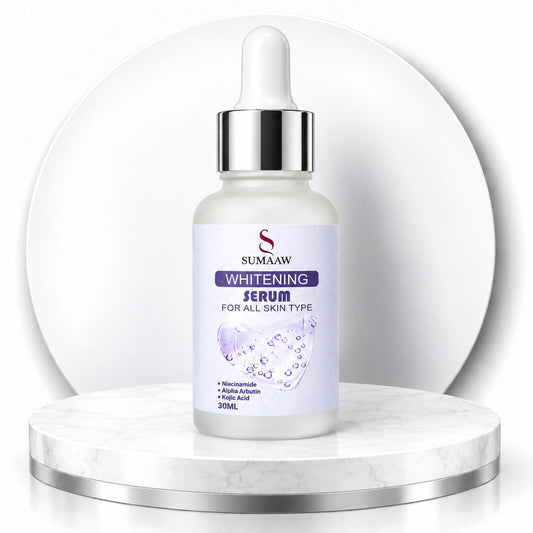 A 30mL bottle of SUMAAW Whitening Serum with a white dropper cap and silver collar.