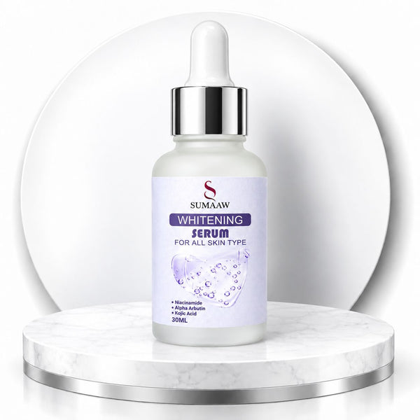 A 30mL bottle of SUMAAW Whitening Serum with a white dropper cap and silver collar.