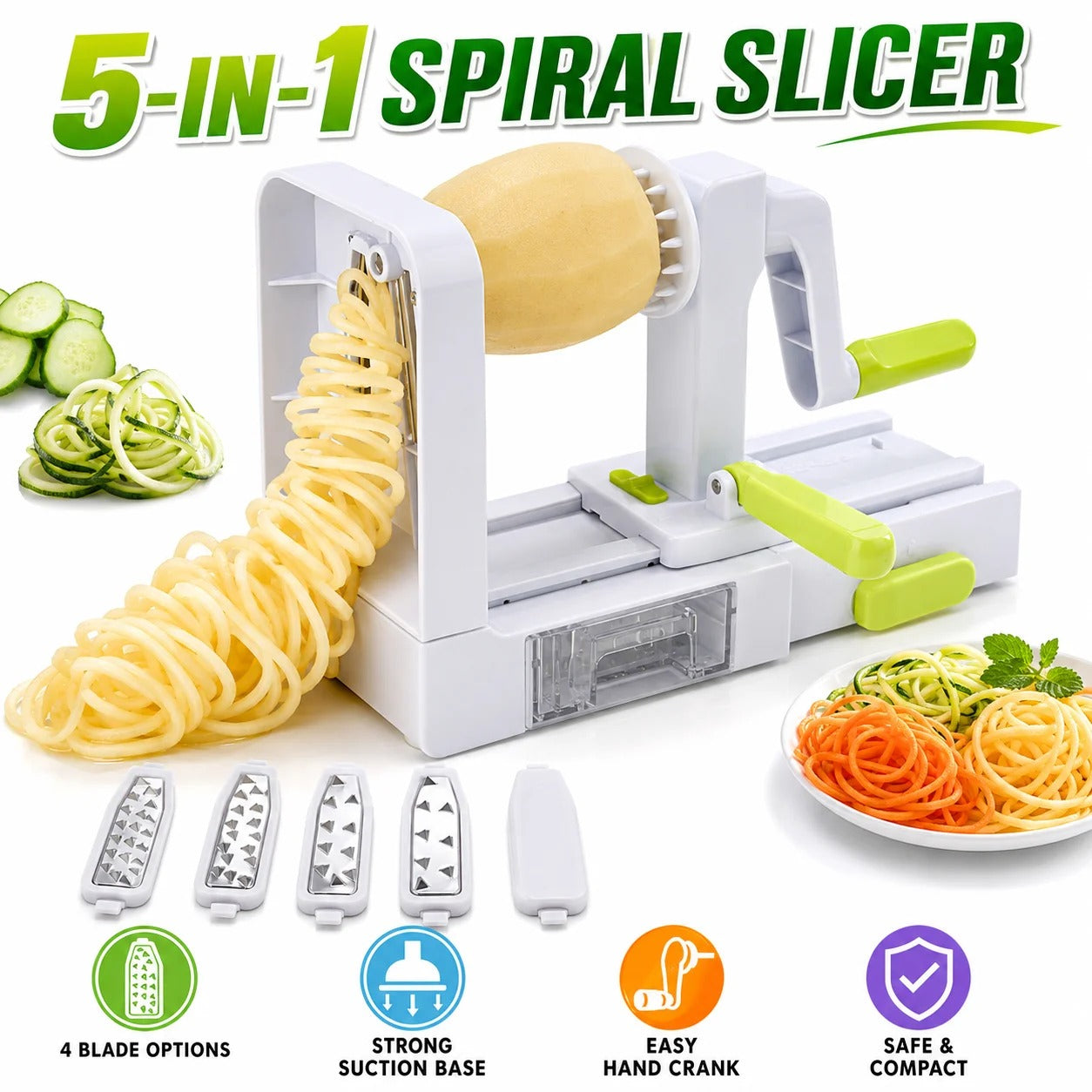 5 in 1 Hand Crank Vegetable Spiralizer Slicer Zucchini Noodle Maker Rotary Carrot Potato Shredder With 5 Blades Kitchen Tools