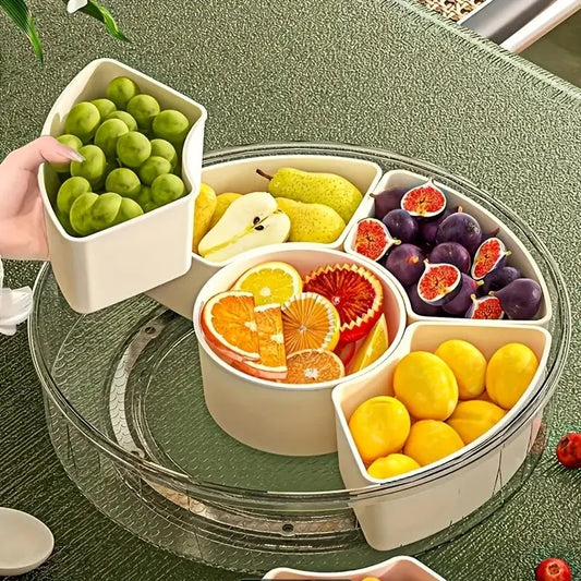 Round Snack Tray with Lid and Handle-Portable 9/6 ccells food storage box with 360 ° swivel and clear window cover for travel