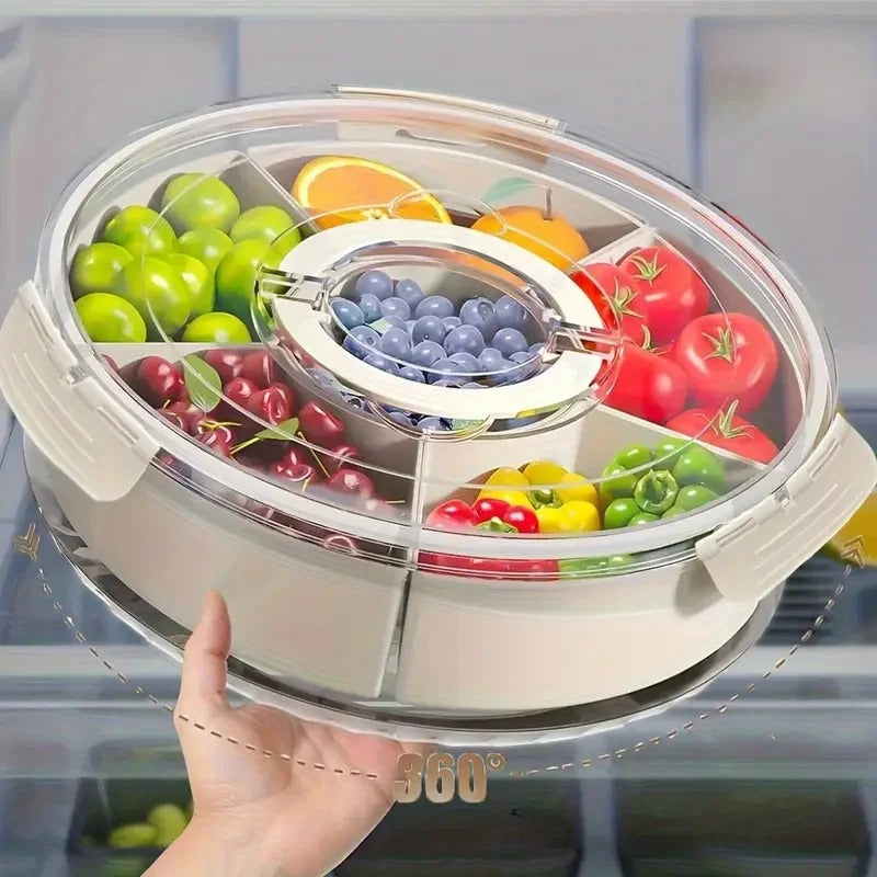 Round Snack Tray with Lid and Handle-Portable 9/6 ccells food storage box with 360 ° swivel and clear window cover for travel