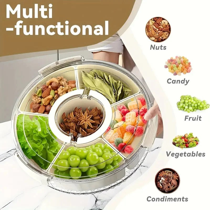 Round Snack Tray with Lid and Handle-Portable 9/6 ccells food storage box with 360 ° swivel and clear window cover for travel