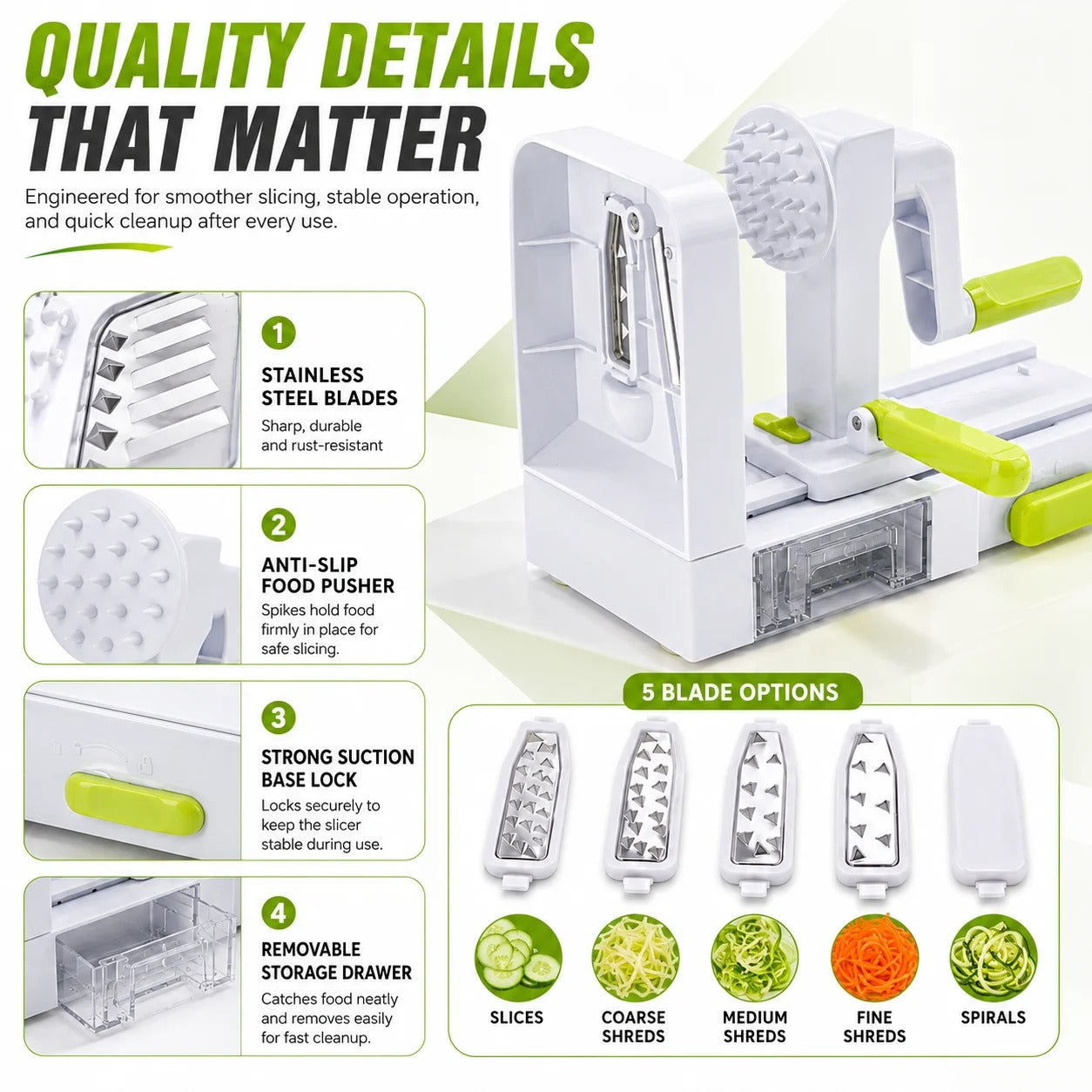 5 in 1 Hand Crank Vegetable Spiralizer Slicer Zucchini Noodle Maker Rotary Carrot Potato Shredder With 5 Blades Kitchen Tools