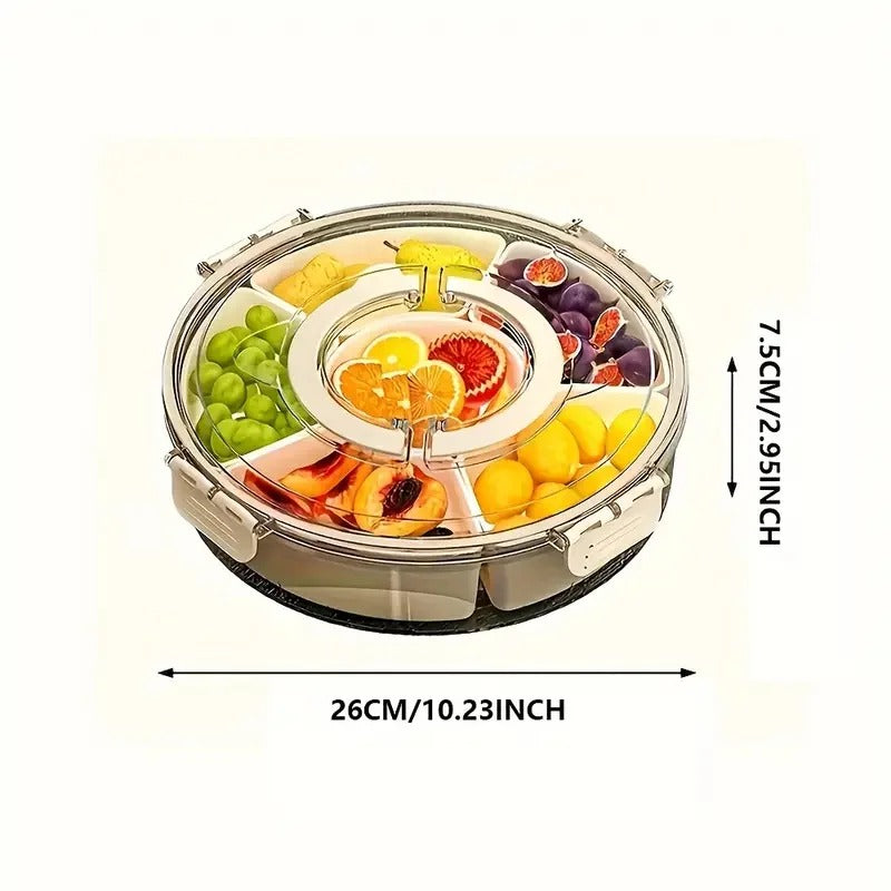 Round Snack Tray with Lid and Handle-Portable 9/6 ccells food storage box with 360 ° swivel and clear window cover for travel