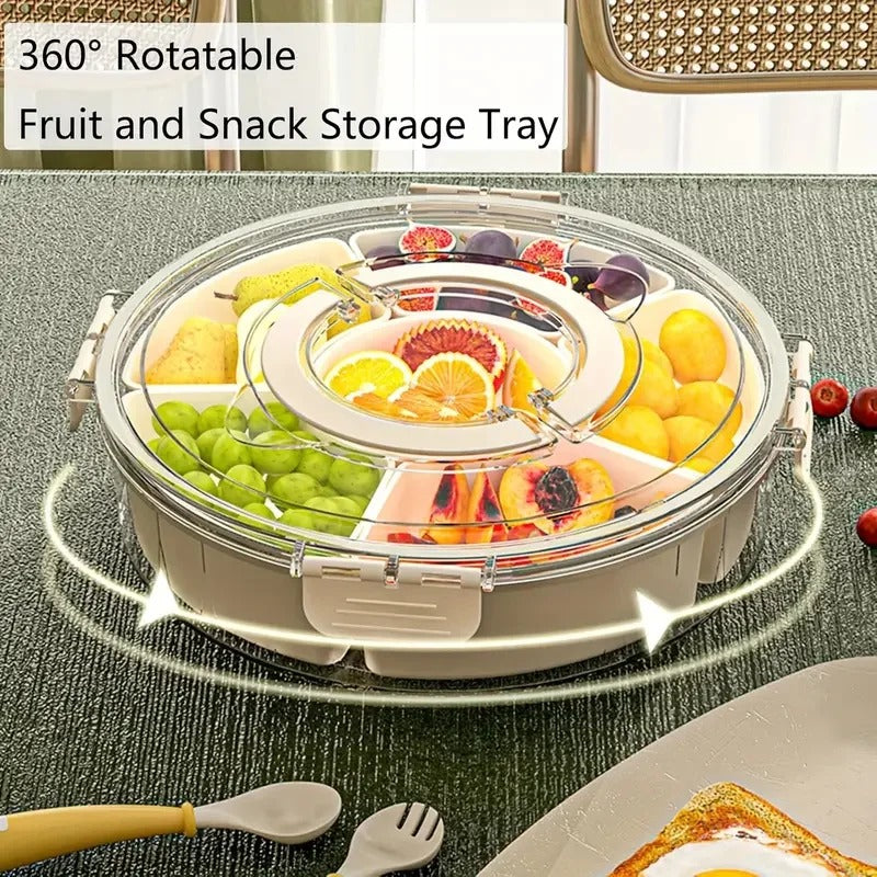 Round Snack Tray with Lid and Handle-Portable 9/6 ccells food storage box with 360 ° swivel and clear window cover for travel